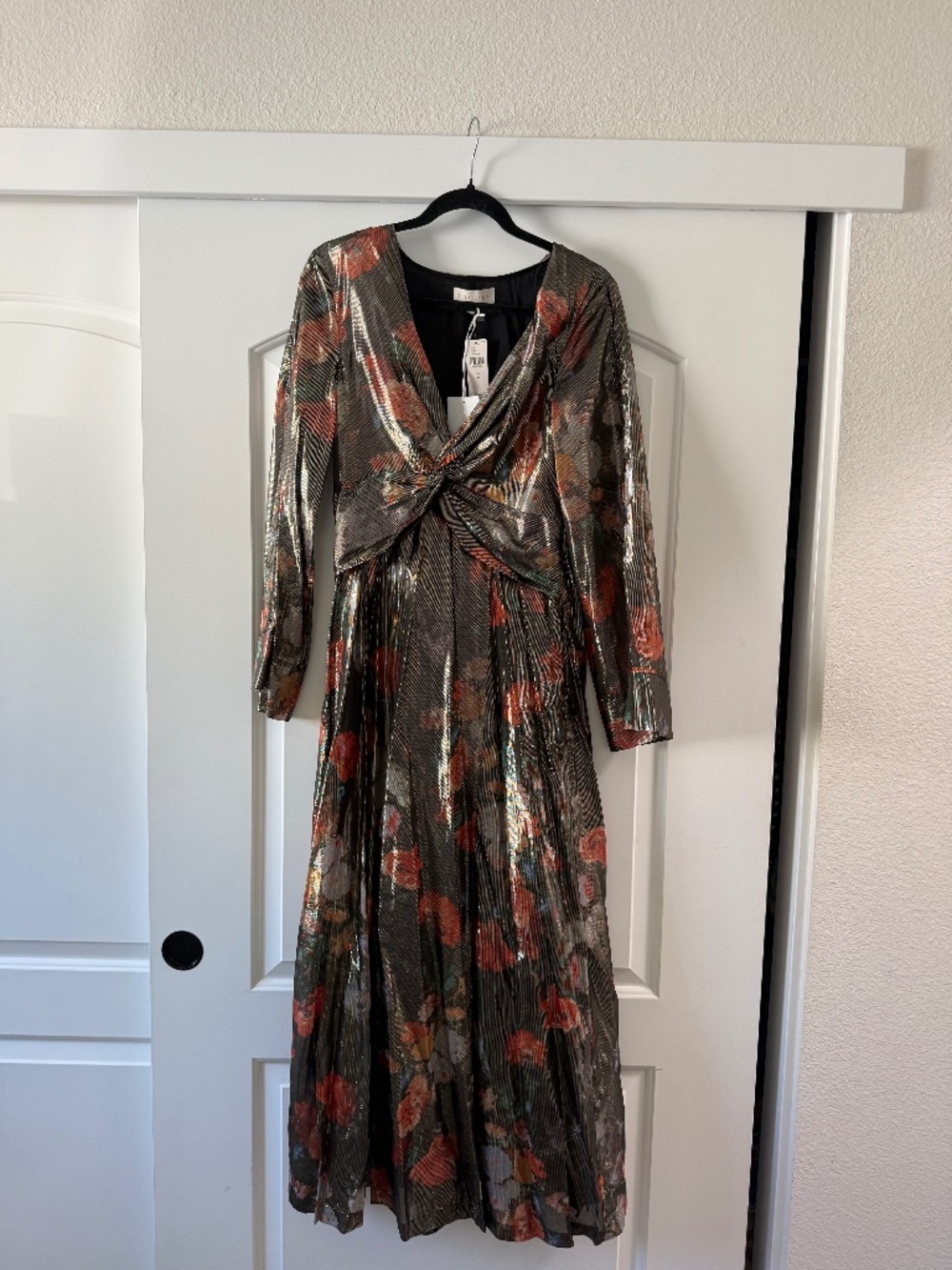 Caballero Anthropologie metallic twist front maxi dress gown